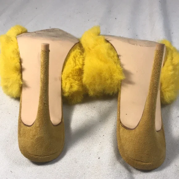 Cape Robbin Women’s Sexy Yellow Faux Fur and Suede 4 1/2 Inch Slip On Stilettos